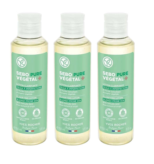 Yves Rocher Sebo Pure Vegetal Clarifying Lotion Purifying & Pore-Tightening Lotion – Problem Skin Solution Women Men Set of 3 Best Gift Kit - 150 ml./5 fl.oz.