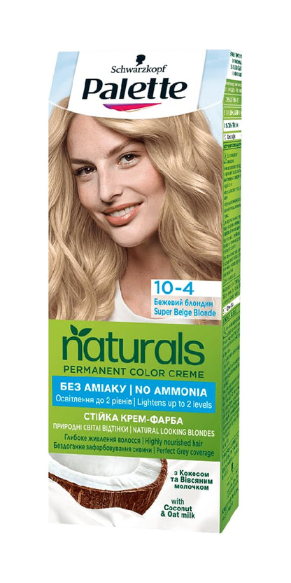 Palette Naturals Color Creme with Honey, Cloud Berry and Argan Oil, 110 ml./3.7 fl.oz. (10-4 - Super Beige Blonde)