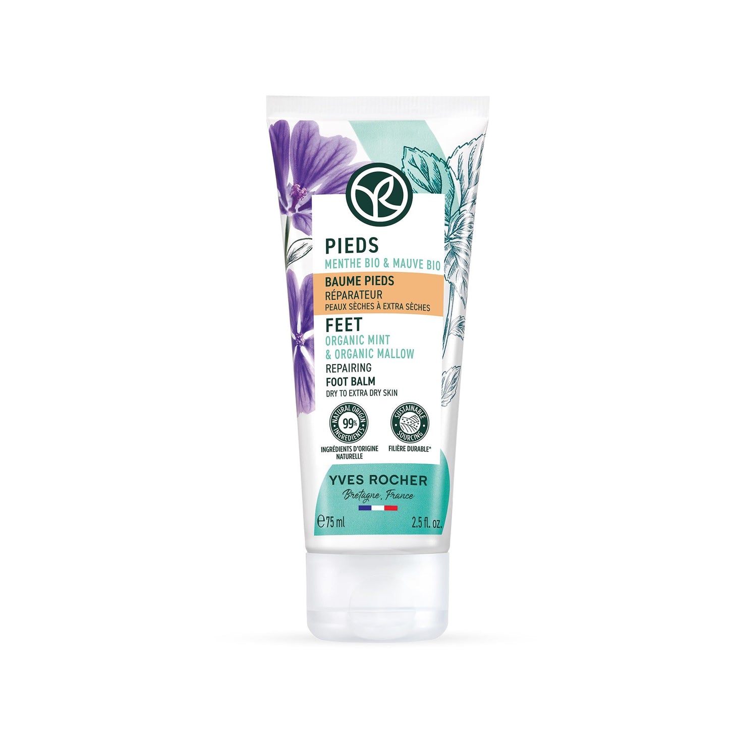 Yves Rocher Repairing Foot Balm, Relieve Dry, Cracked Feet with Shea and Lavender, 2.5 FL OZ