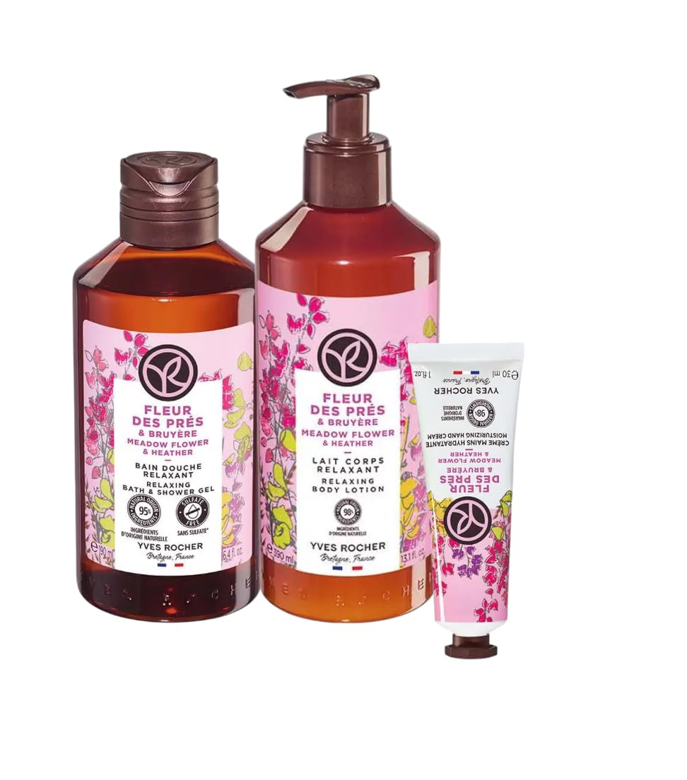 Yves Rocher Meadow Flowers & Hether Shower Gel Body Nourishing Milk Perfumed Hand Cream Women Men Day Care 200 ml./6.7fl.oz. 390 ml./13.2 fl.oz. 30 ml./1 fl.oz. Set of 3 Best Gift Kit