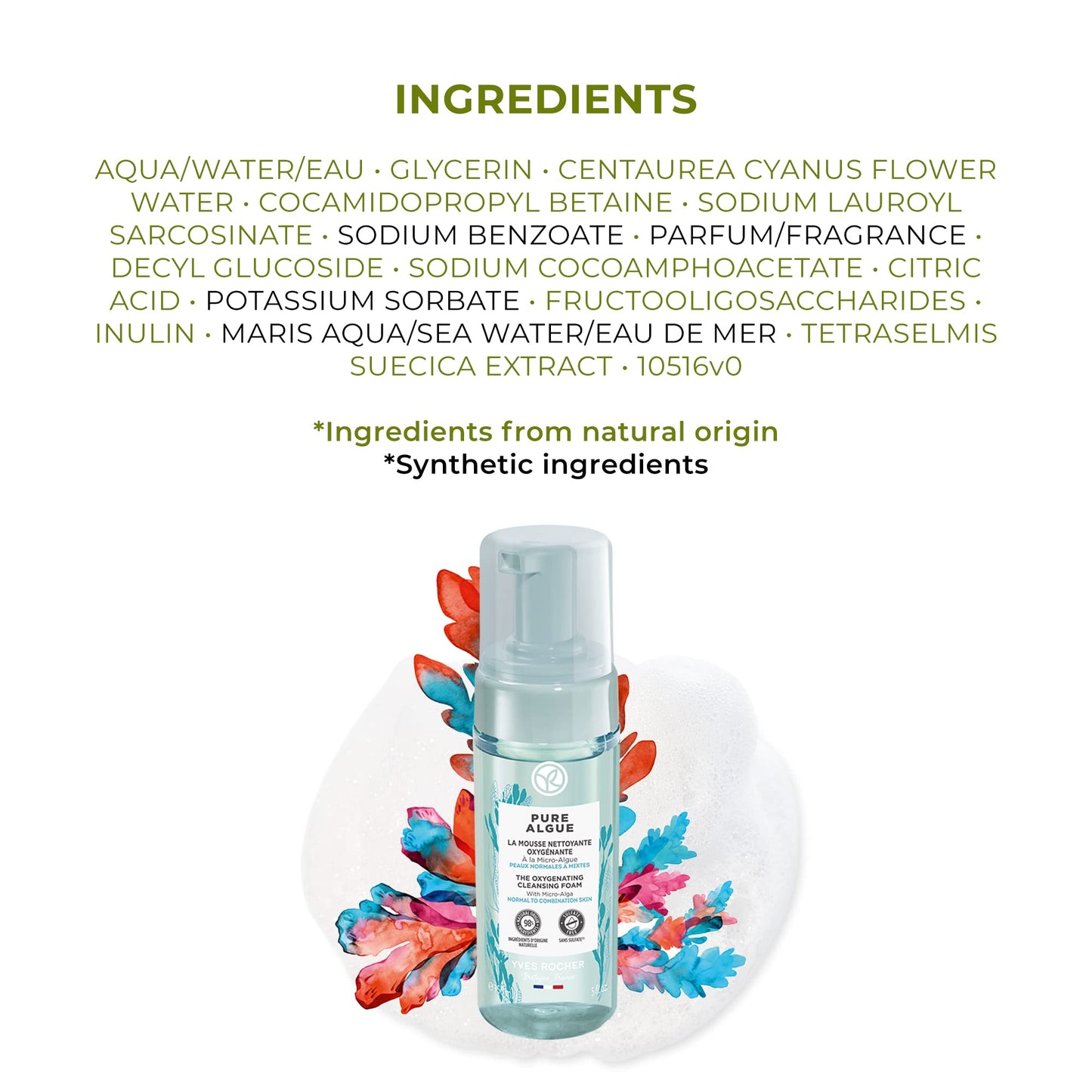 Yves Rocher Oxygenating Cleansing Foam for Normal to Combination Skin – Pure Algue – 5 Oz – 1 Ct