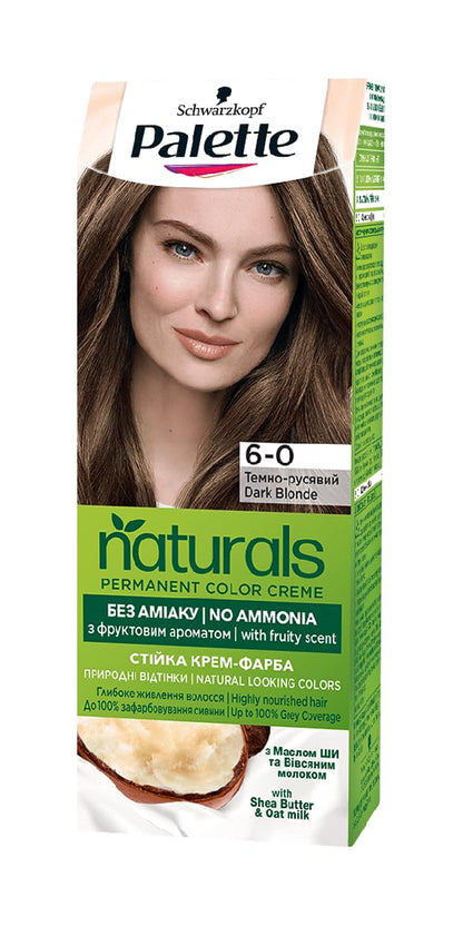 Palette Naturals Color Creme with Honey, Cloud Berry and Argan Oil, 110 ml./3.7 fl.oz. (6-0 - Dark Blonde)