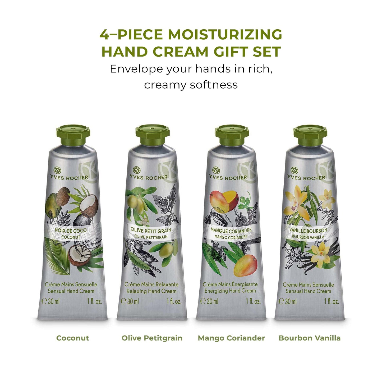 Yves Rocher Kit of Plaisirs Nature Hand Creams | 4 Travel-Sized Hand Lotion with Shea Butter for Dry Skin | 1.01 Fl Oz Each