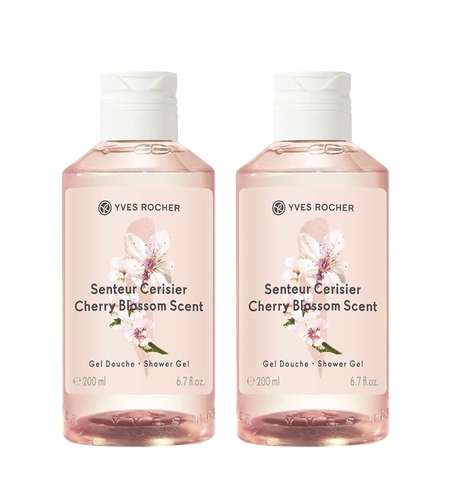 Yves Rocher Cherry Blossom Bloom Perfumed Shower Gel Nourishing Moisturizing Body - 200 ml./6.7 fl.oz. Set of 2 Best Gift Kit