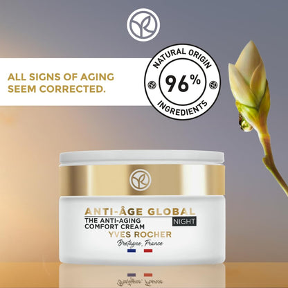 Yves Rocher Anti-Aging Comfort Night Cream | Smooth & Enhance Skin Radiance | 1.7 fl oz